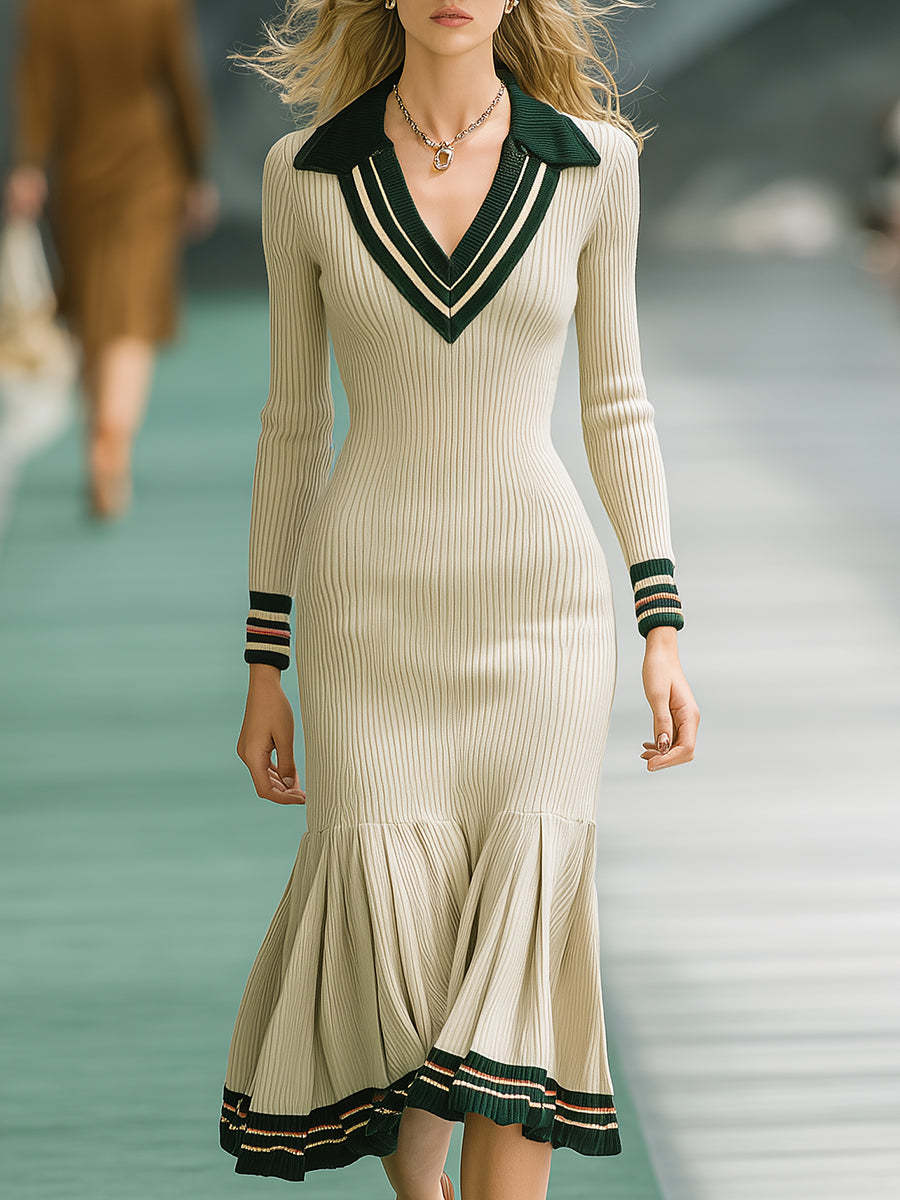 Elegant Retro Green Striped Beige Knitted Fishtail Skirt Midi Dress