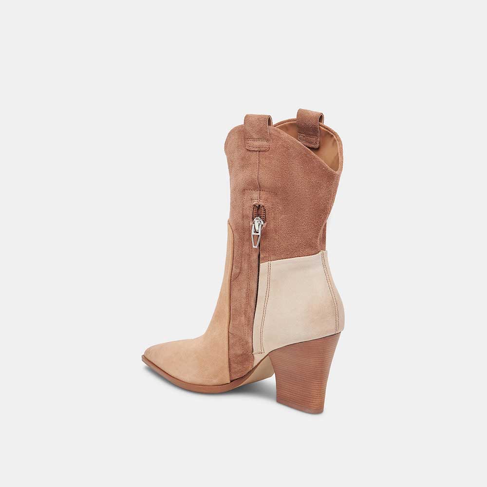 Beige Faux Suede Pointed Toe Chunky Heel Cowgirl Booties