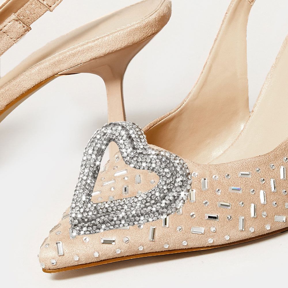 Beige Pointed Toe Kitten Heel Rhinestone Slingback Pumps