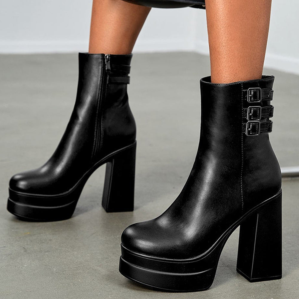 Full Black Platform Booties Round Toe Triple Buckle Heeled Boots