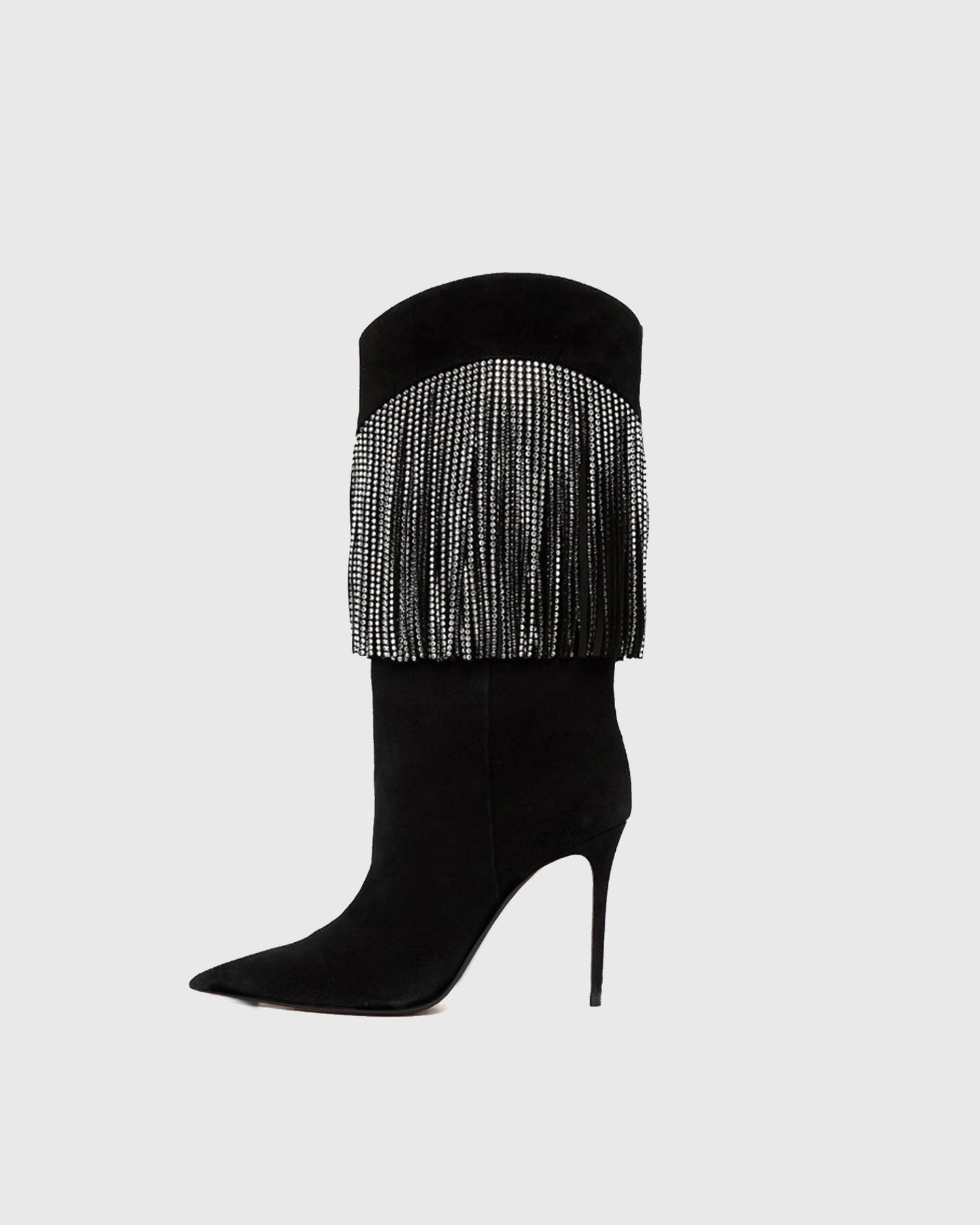 Edetta Rhinestone Fringe Velvet Mid Calf Boots