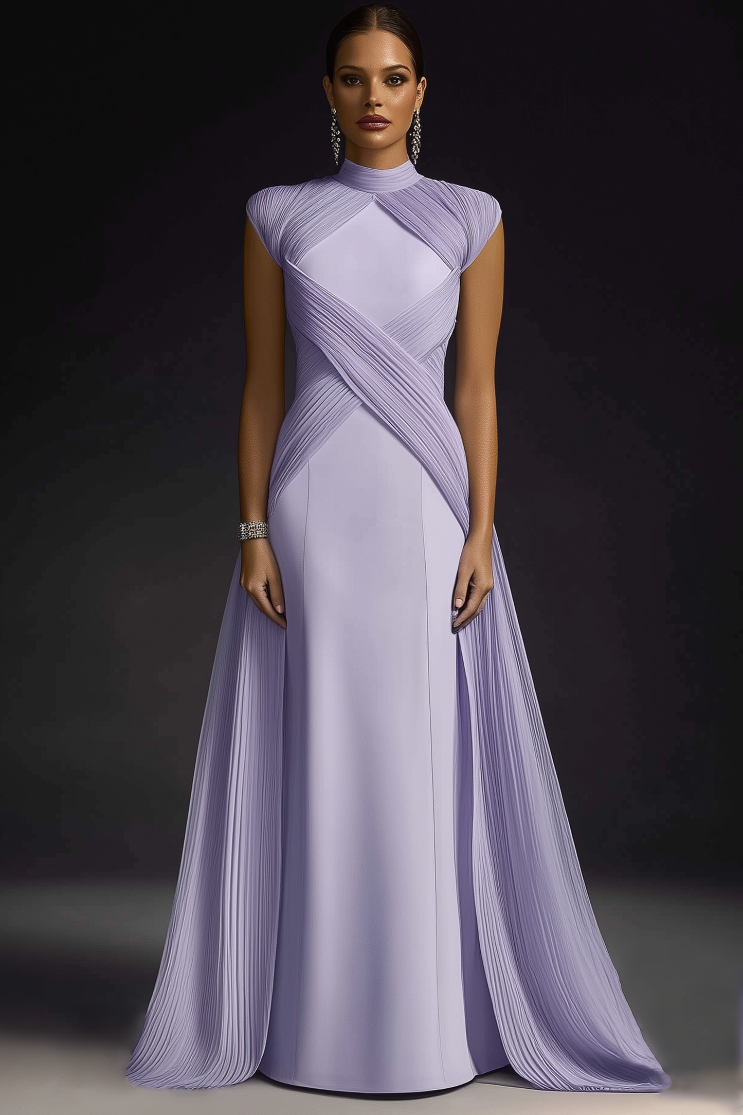 Formal Evening Dress Purple Stand Collar Pleated Train Gown