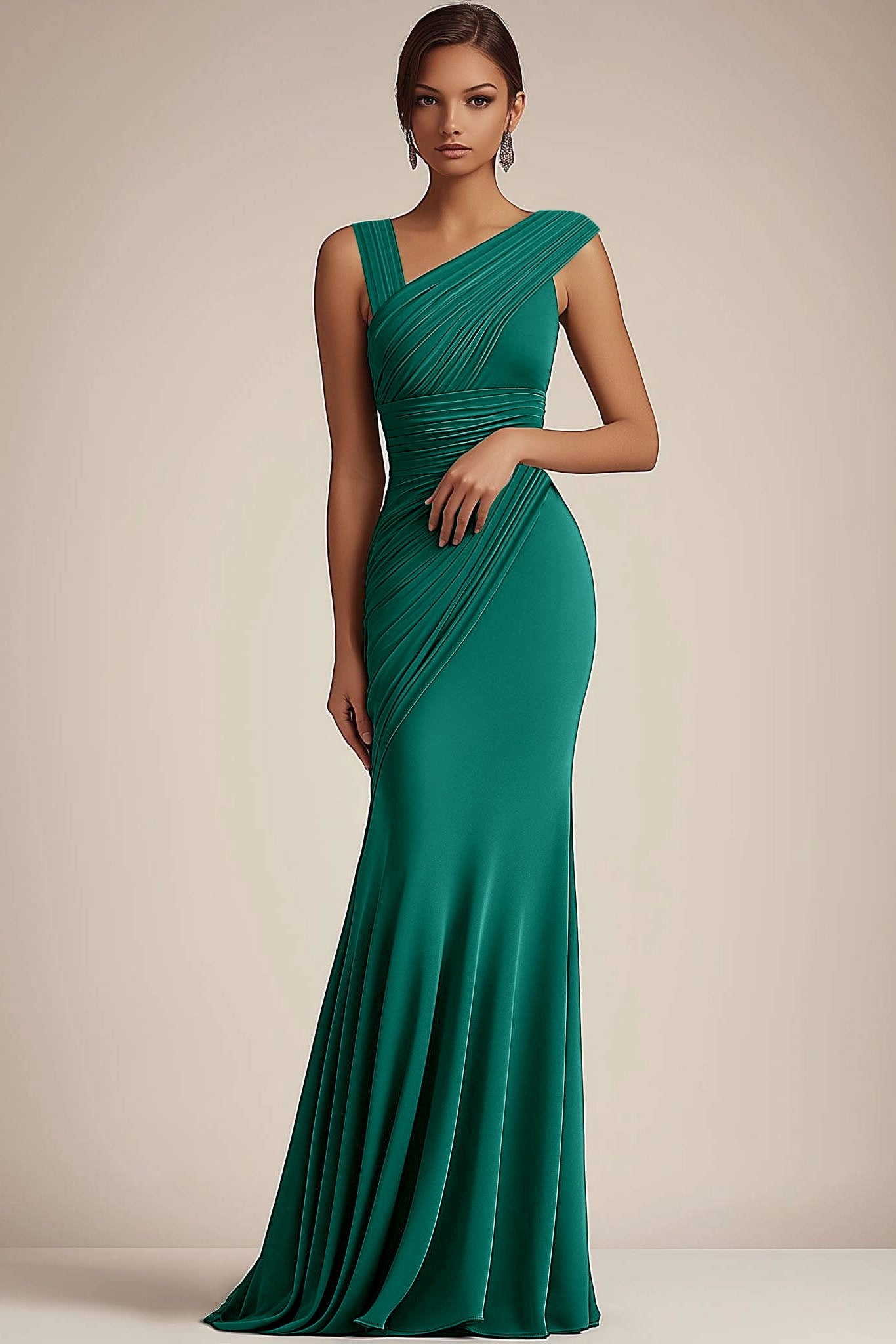 Formal Evening Dress Green V-Neck Pleated Mermaid Floor-Length Gown