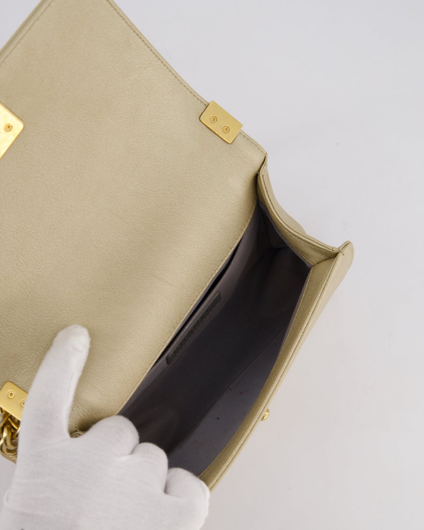 *LIMITED EDITION* Chanel Gold Metallic Small Boy Bag In Calfskin Leather with Antique Gold Hardware & CC Details
