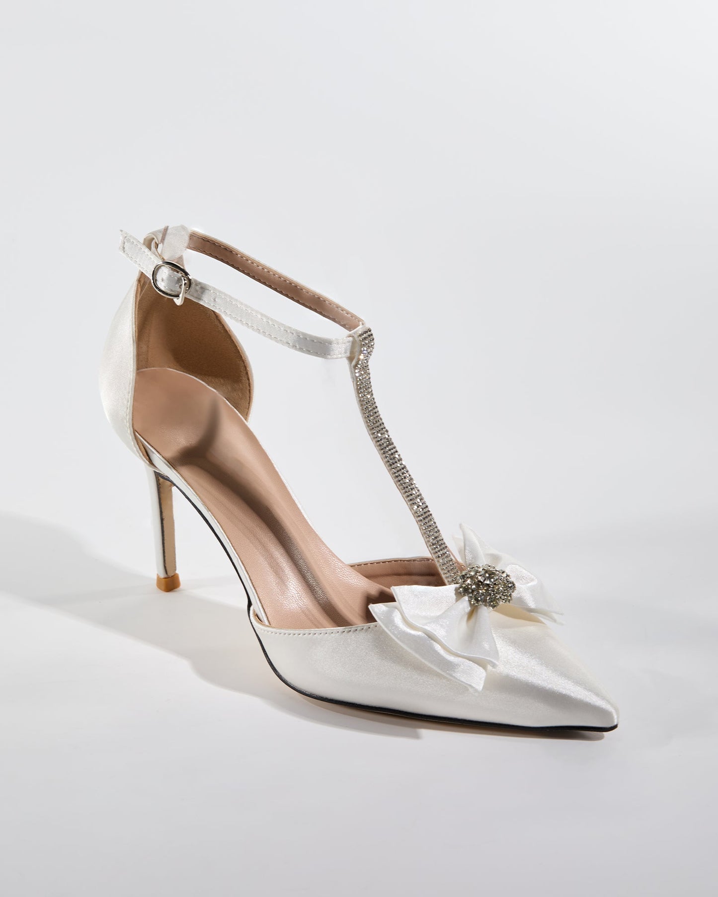 Zaina Bow Rhinestone T Strap Pumps In White
