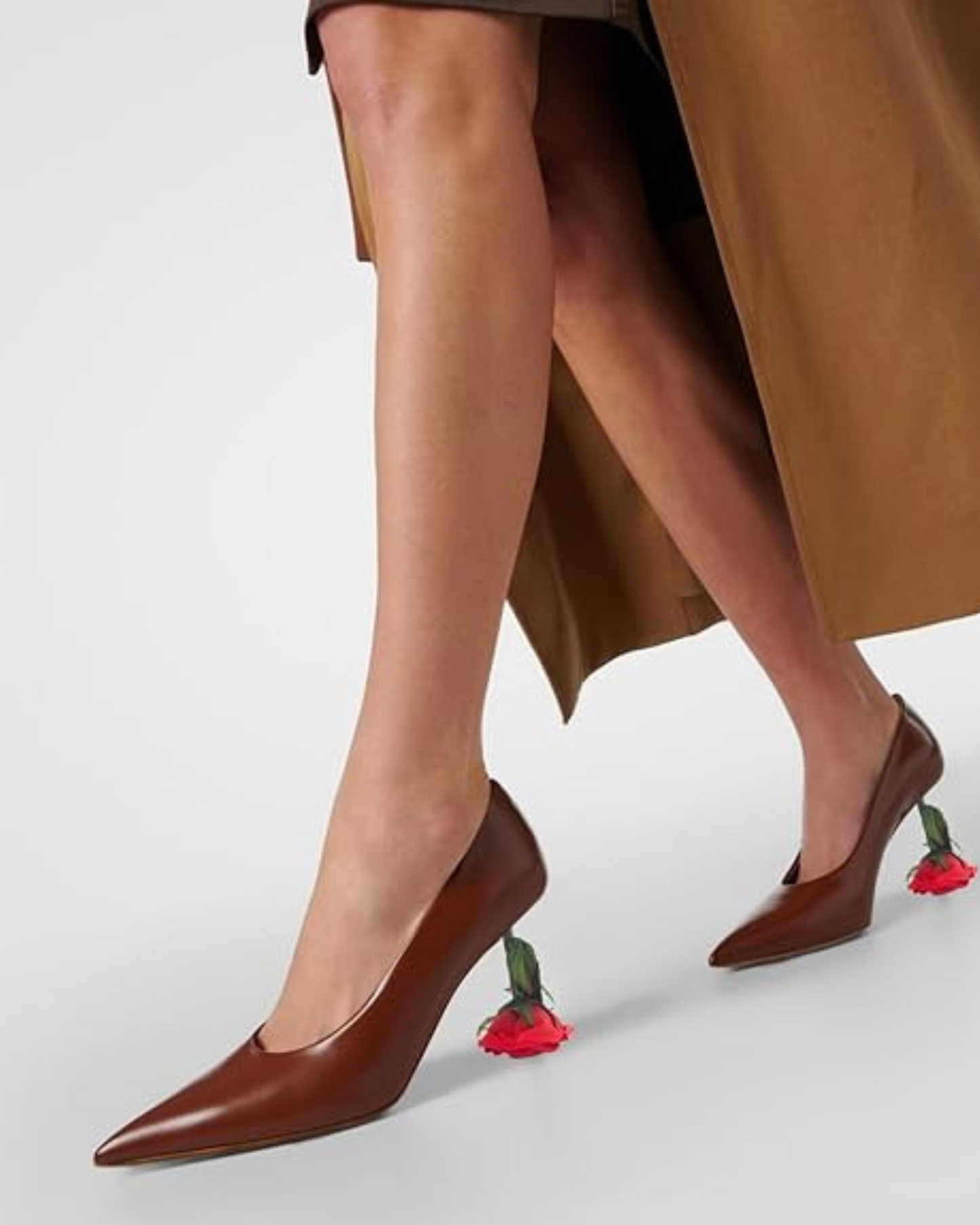 Venice Flower Heel Leather Pumps In Brown