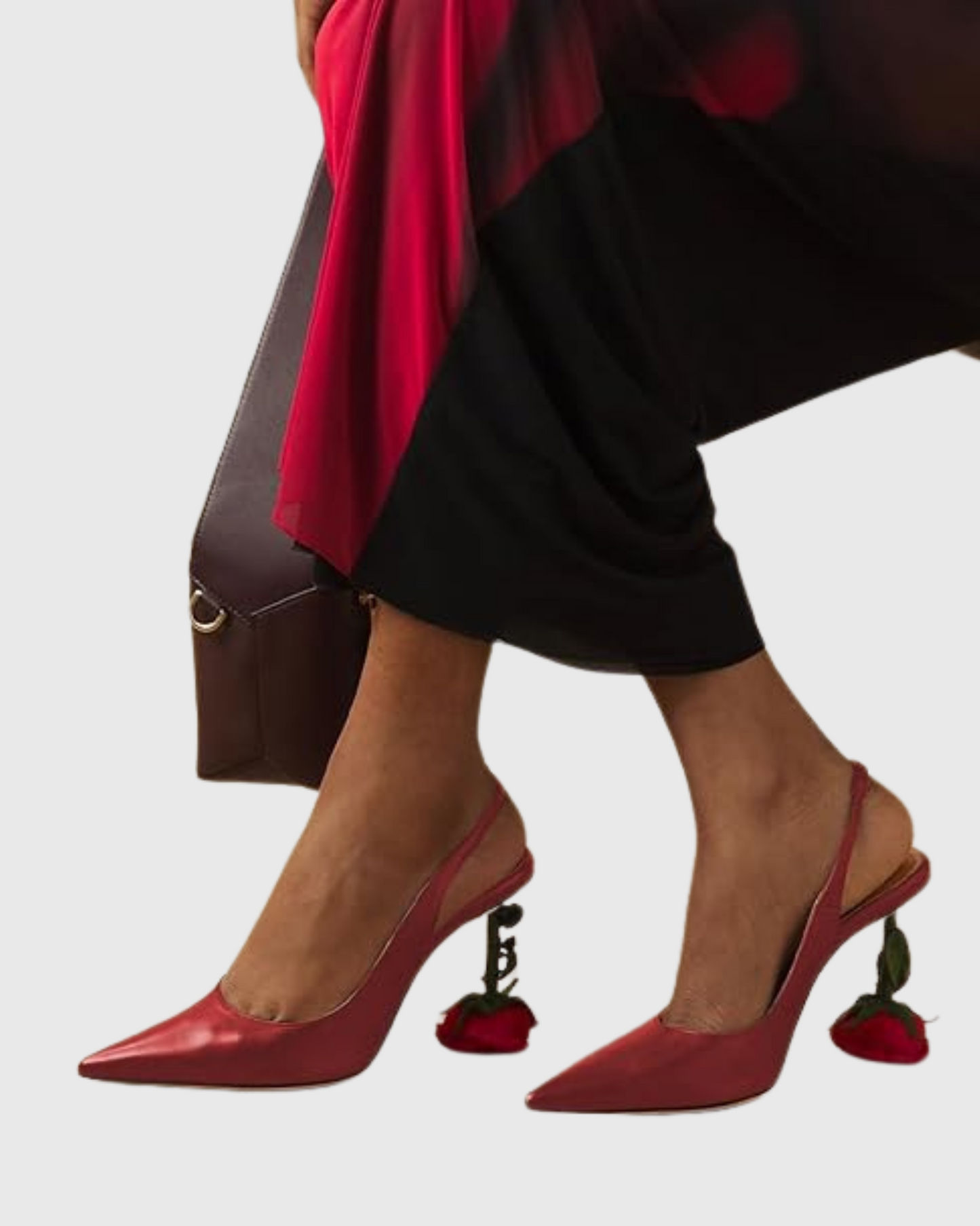 Venice Flower Heel Satin Slingback Pumps In Red