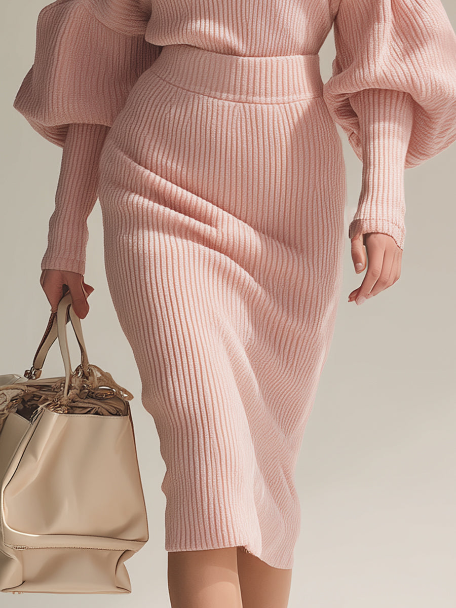 Elegant And Sexy Off-the-shoulder Hooded Hip-hugging Pink Knitted Set