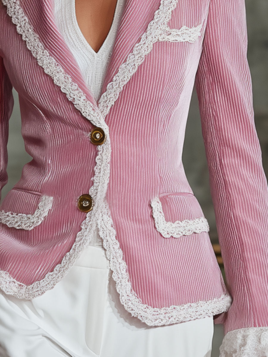 Elegant Pink Corduroy Lace Trim Single-breasted Blazer