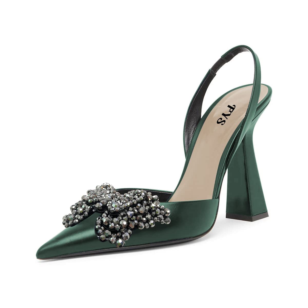 Dark Green Pointed Toe Rhinestone Butterfly Slingback Pumps Heels
