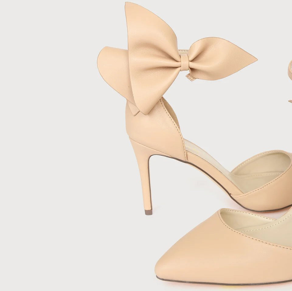 Beige Pointed Toe Stiletto Heel Elegant Ankle Strap Pumps with Bow