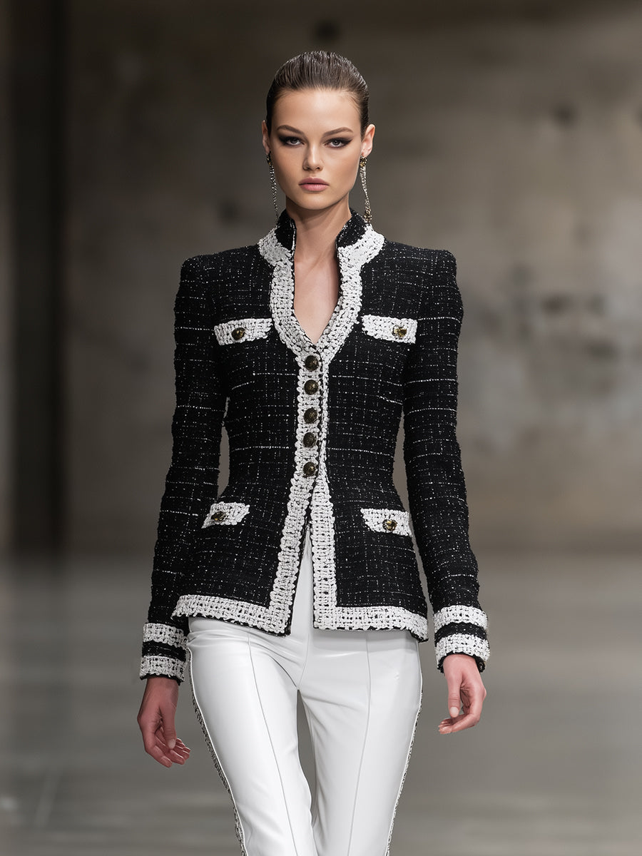 Fashionable Black Tweed Patchwork Ribbon Jacket