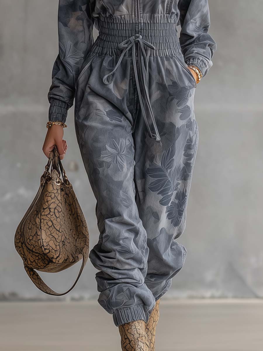 Exquisite Casual Sportswear High-neck Light Blue And Gray Floral Print Loose Jumpsuit