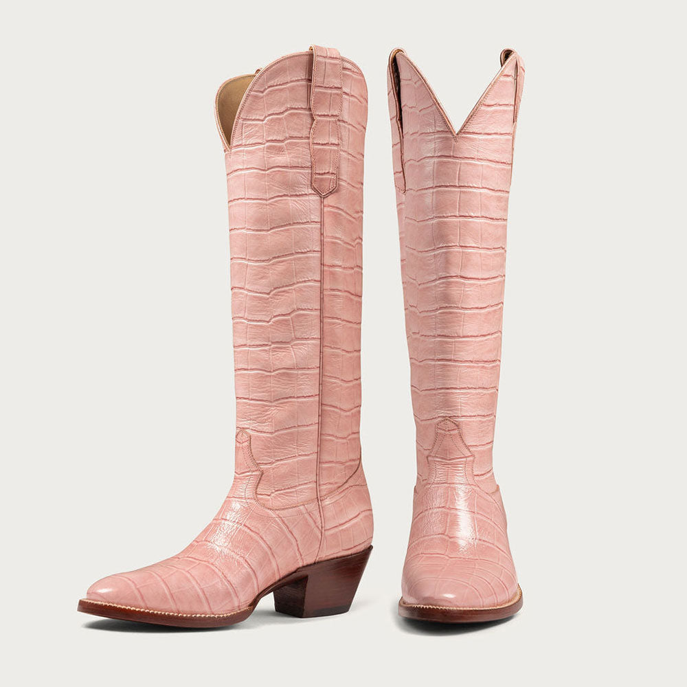 Embossed Low Block Heel Knee High Pink Cowboy Boots for Women
