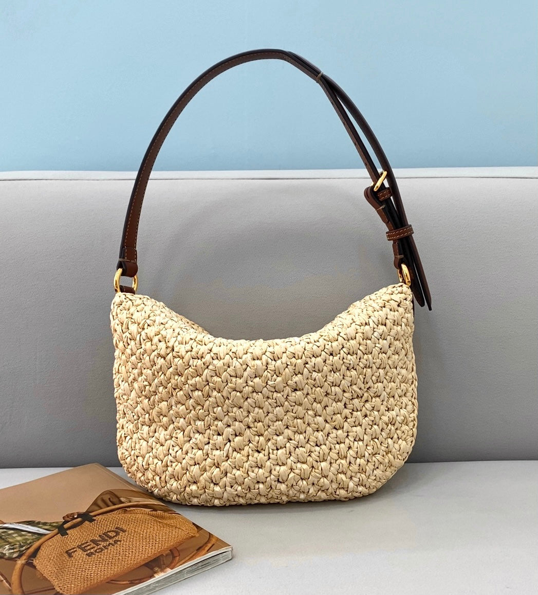 FI Small Croissant Hobo Bag Raffia For Women, Handbags, Shoulder Bags 11.4in/29cm FF 8BR790AFGJF1E1B