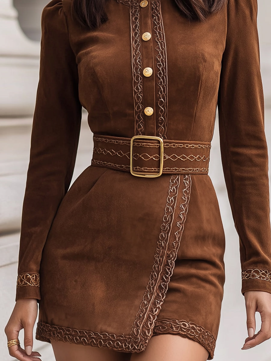 Faux Suede Embroidered Belted Mini Dress