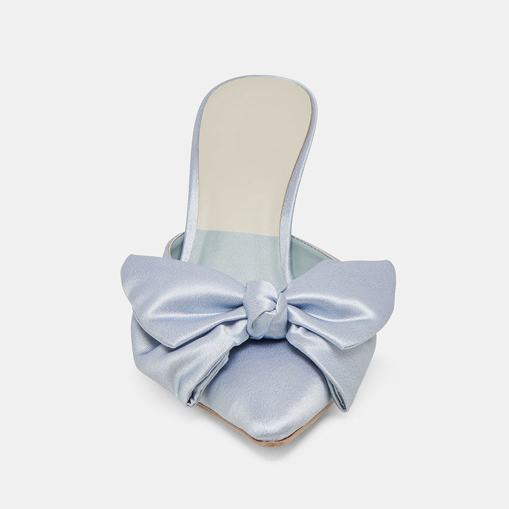 Elegant Satin Pointed Toe Stiletto Heel Bow Mules Shoes in Light Blue