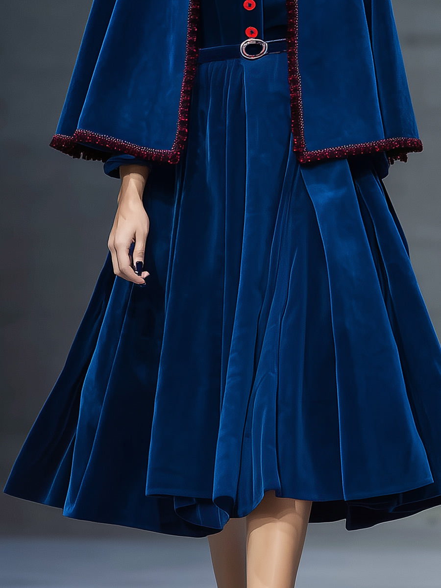 Elegant And Exquisite Color-block Collar Cape Long-sleeved Dress Blue Velvet Set