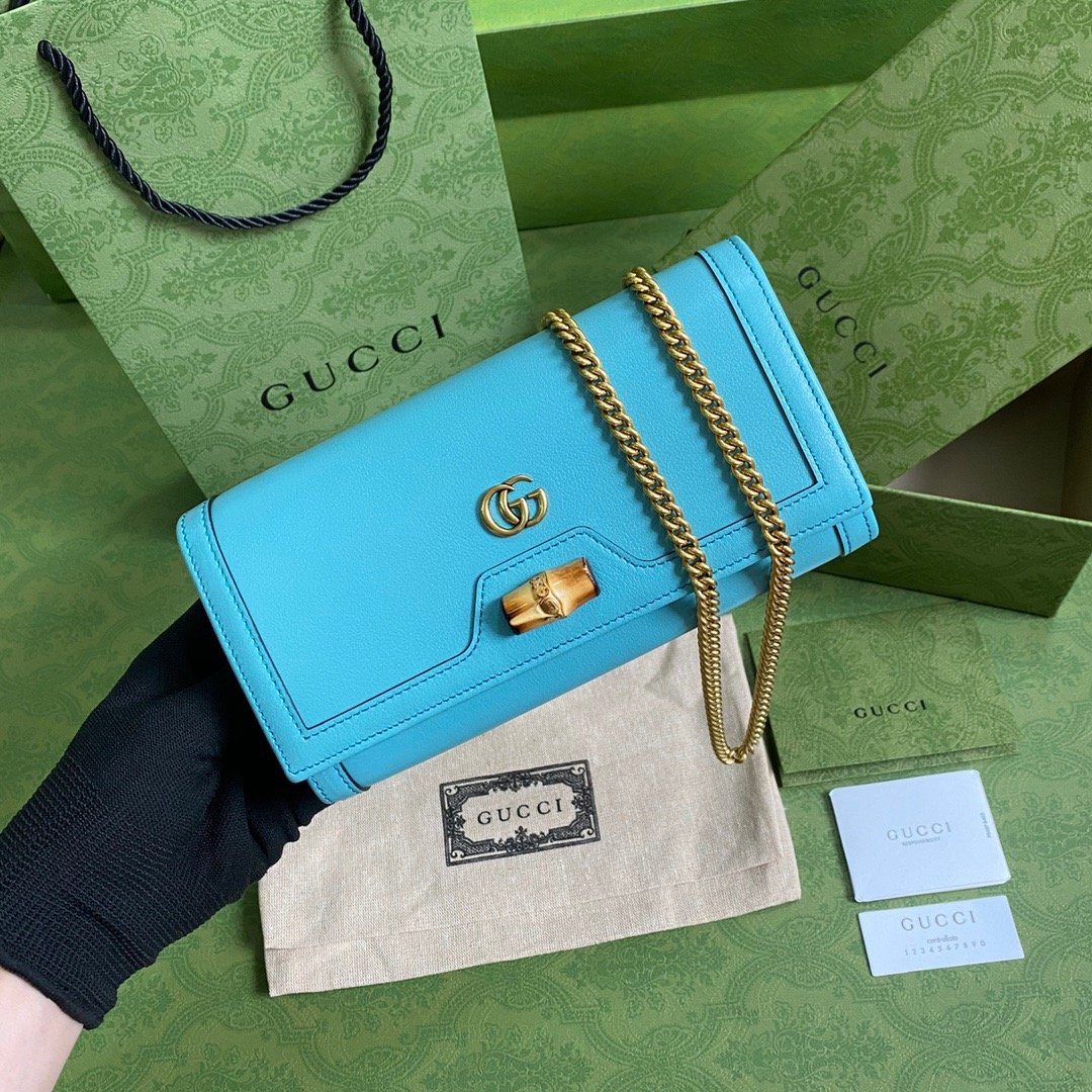 gg Diana Chain Wallet With Bamboo Blue For Women, Women’s Bags 7.4in/19cm gg