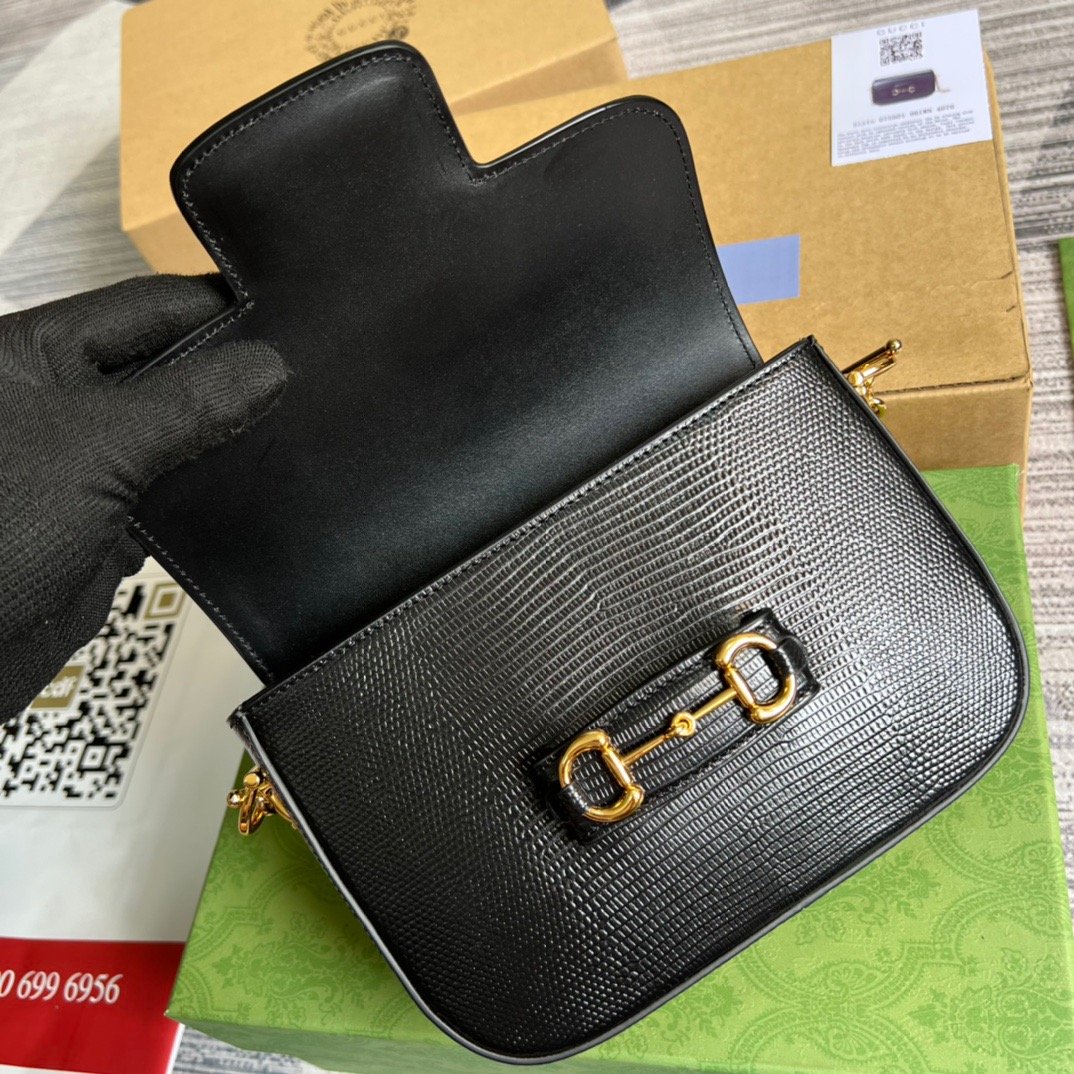 gg Horsebit 1955 Lizard Mini Bag Black For Women, Women’s Bags 8in/20cm gg