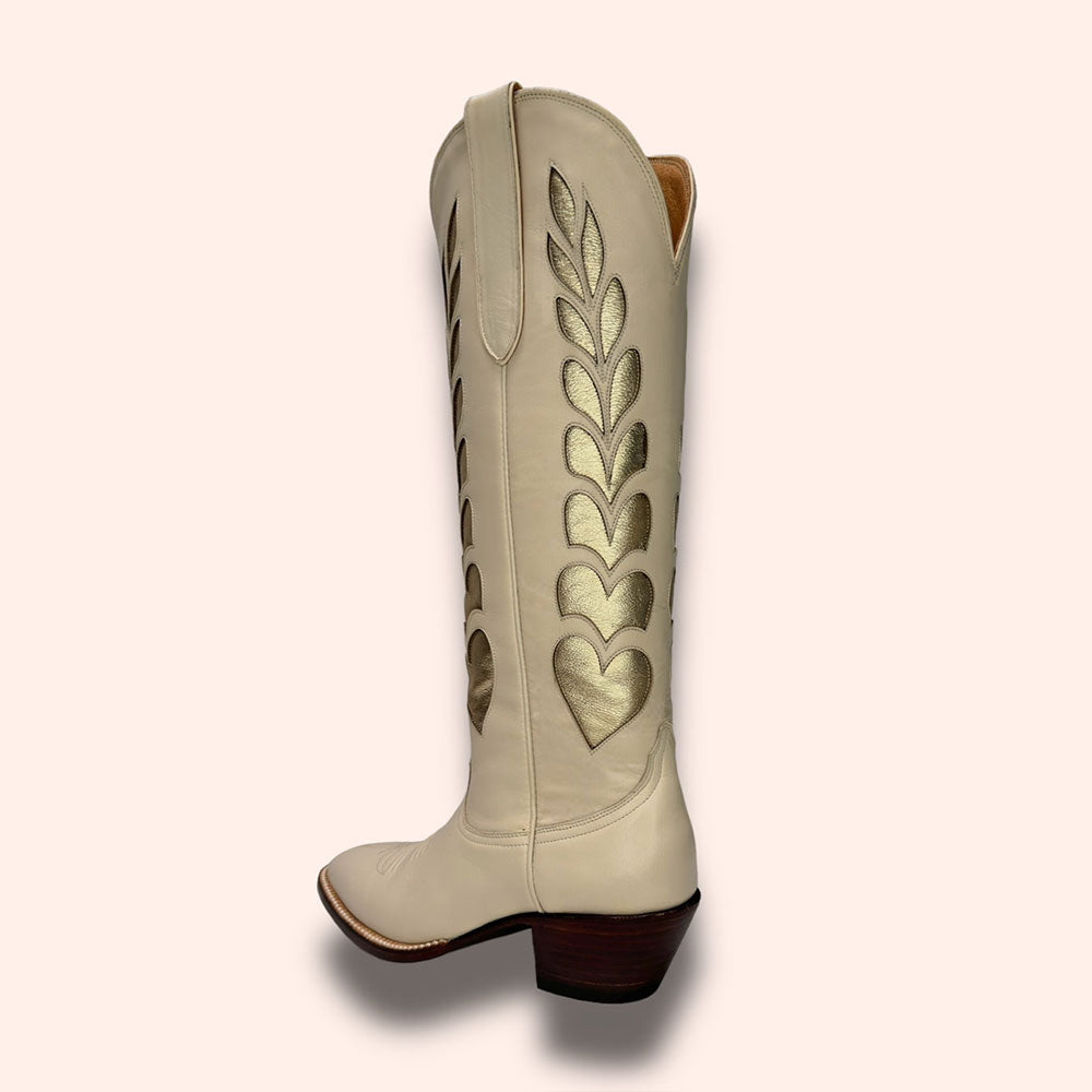 Beige & Gold Heart Inlay Round Toe Chunky Heel Knee-High Cowgirl Boots
