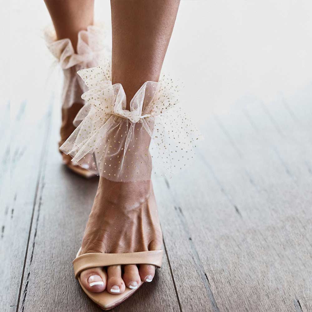 Beige Pointed Toe 3'' Stiletto Heel Mesh Flared Ankle Strap Sandals