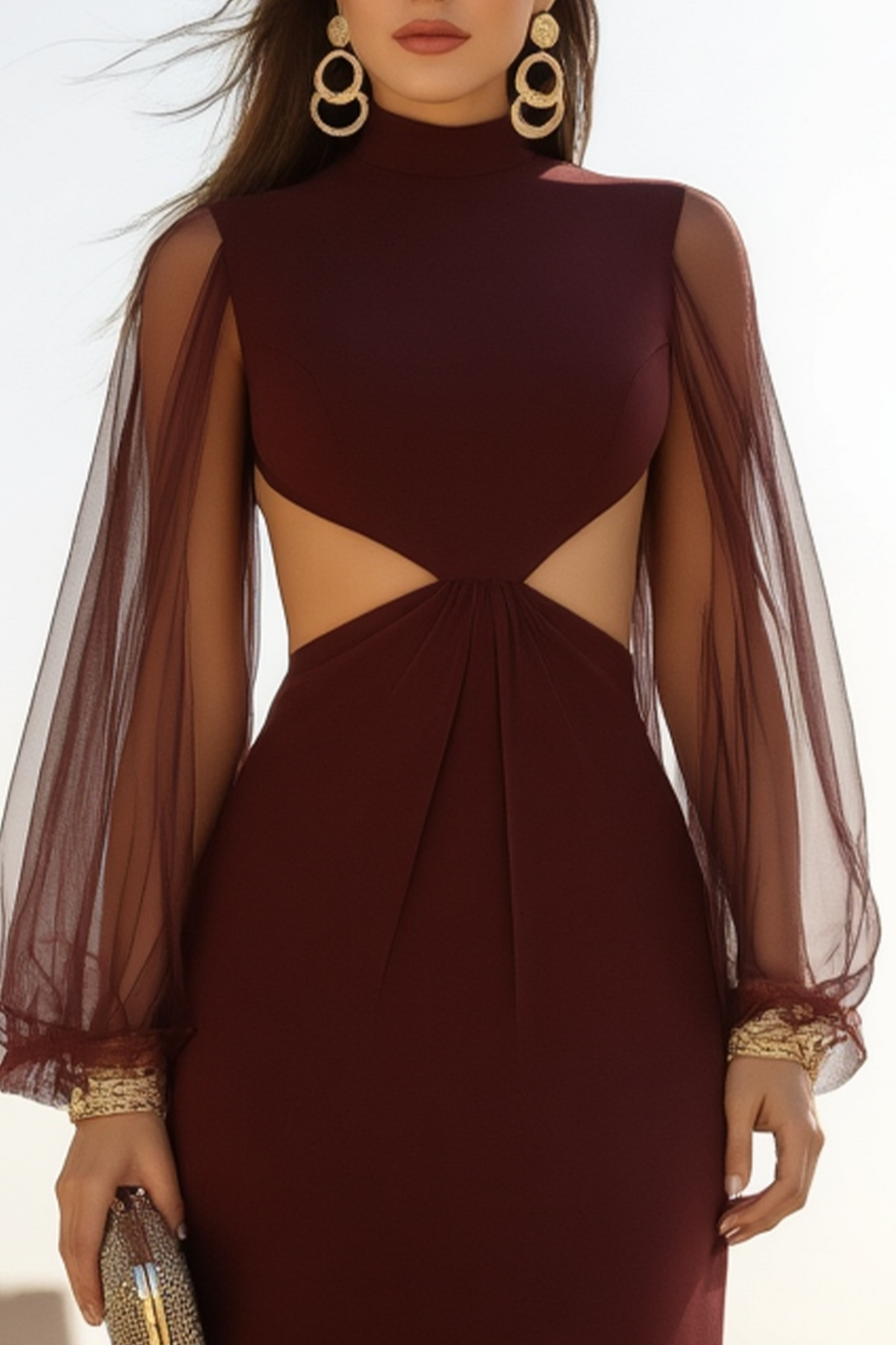 Formal Evening Dress Burgundy Cut-Out Waist Floor-Length Gown