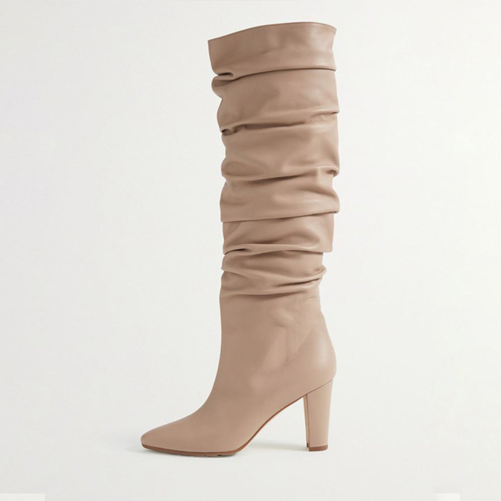 Beige Closed Toe Chunky Heel Knee High Winter Boots