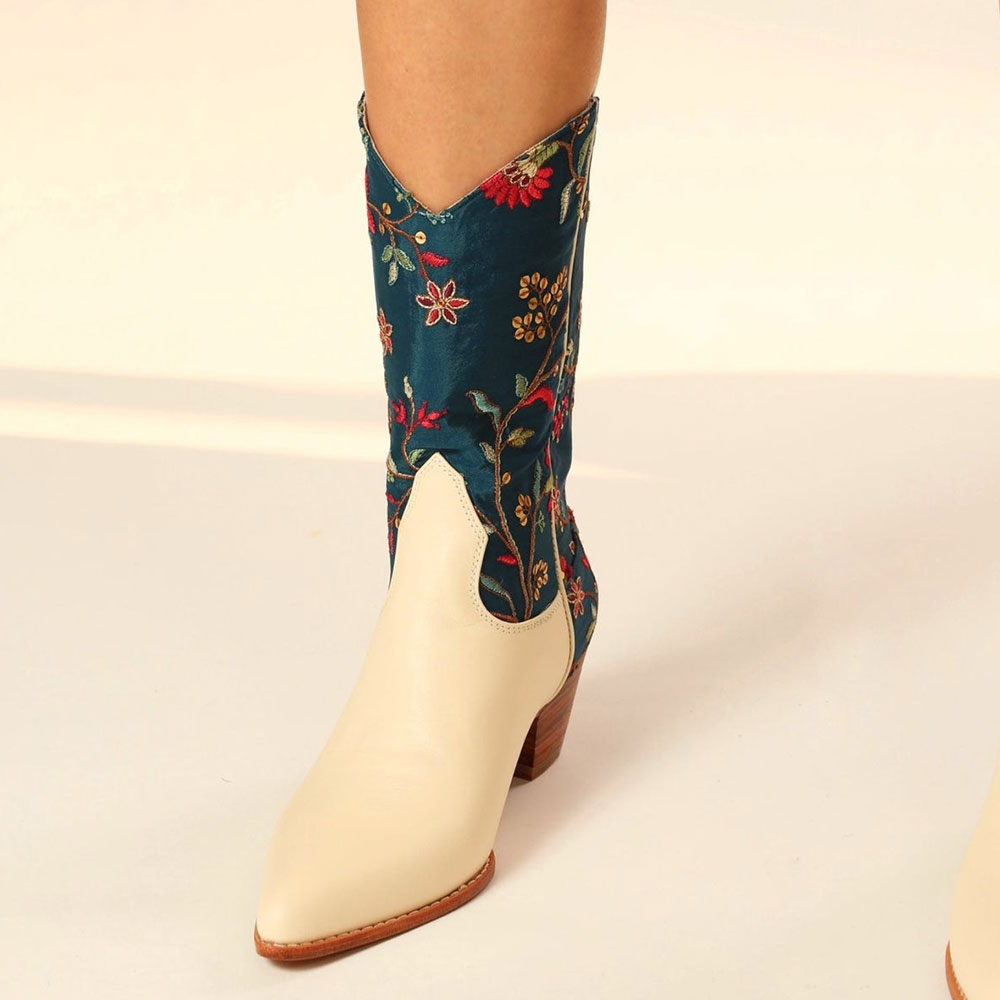 Beige and Teal Embroidered Pointed Toe Back Zipper Flower Cowboy Boots