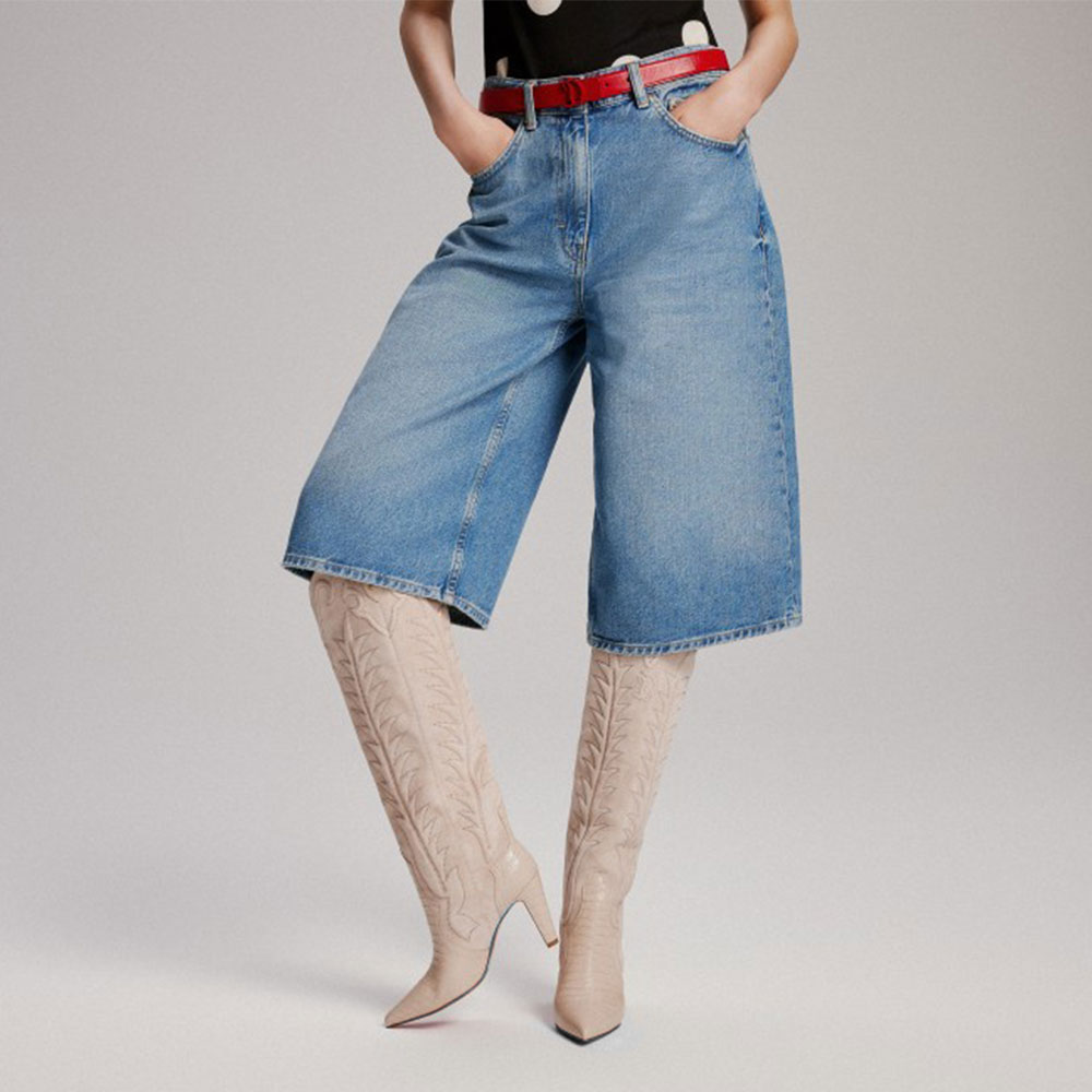 Beige Croc Embossed Cone Heel Embroidered Cowboy Boots for Women