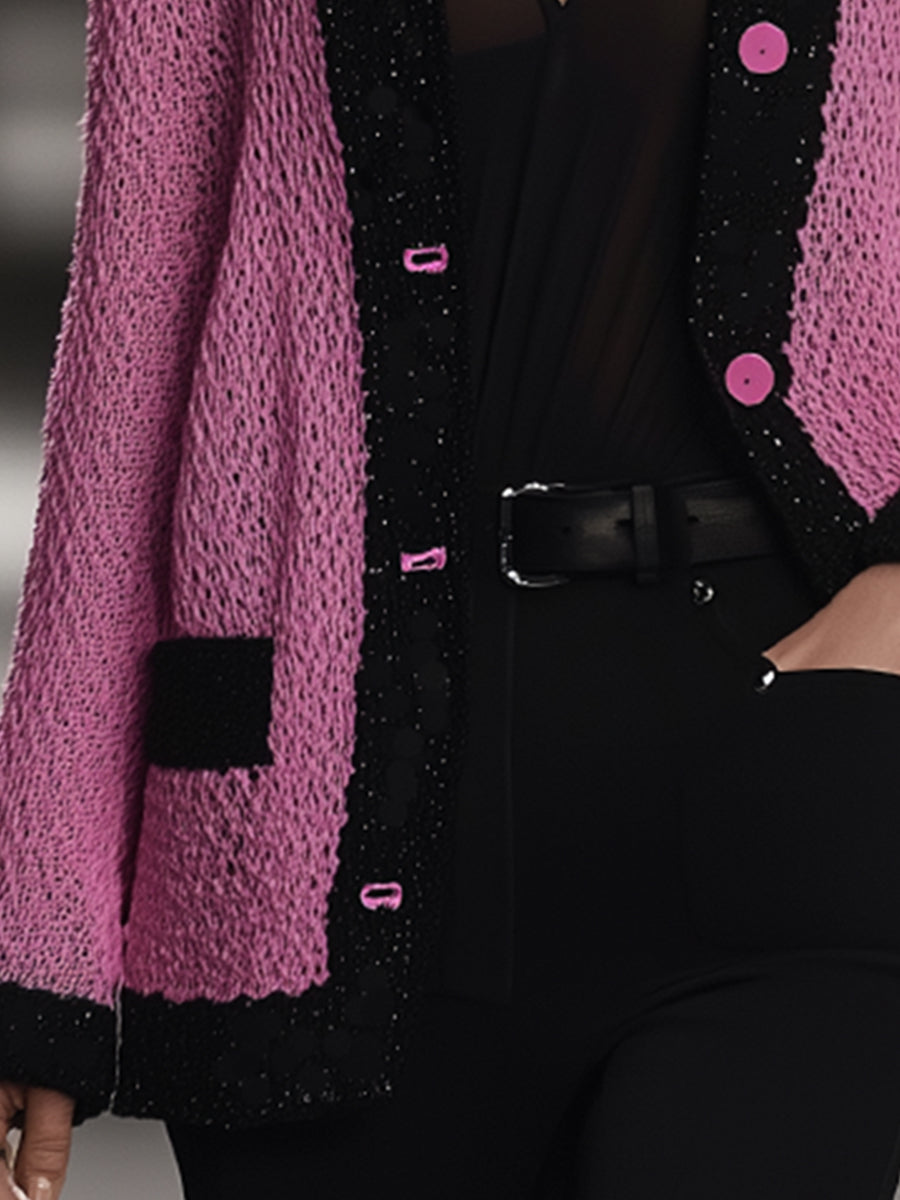Elegant And Charming Rose Pink Hemmed Button Knitted Cardigan