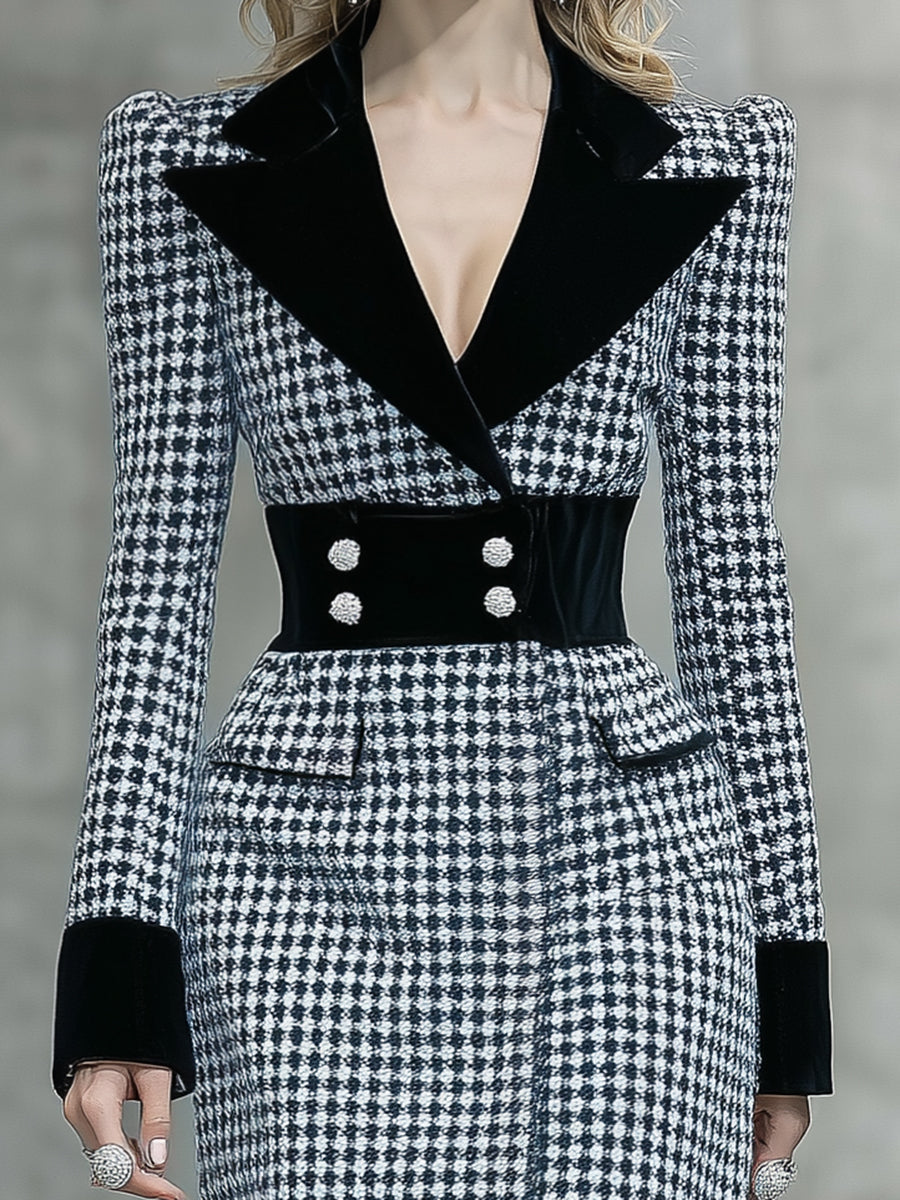 Fashionable And Elegant Black Velvet Collar Houndstooth Midi Dress