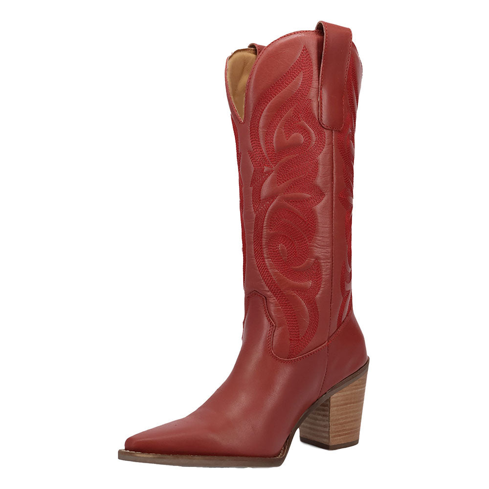 Embroidered Block Heel Mid-Calf Snip Toe Red Cowgirl Boots