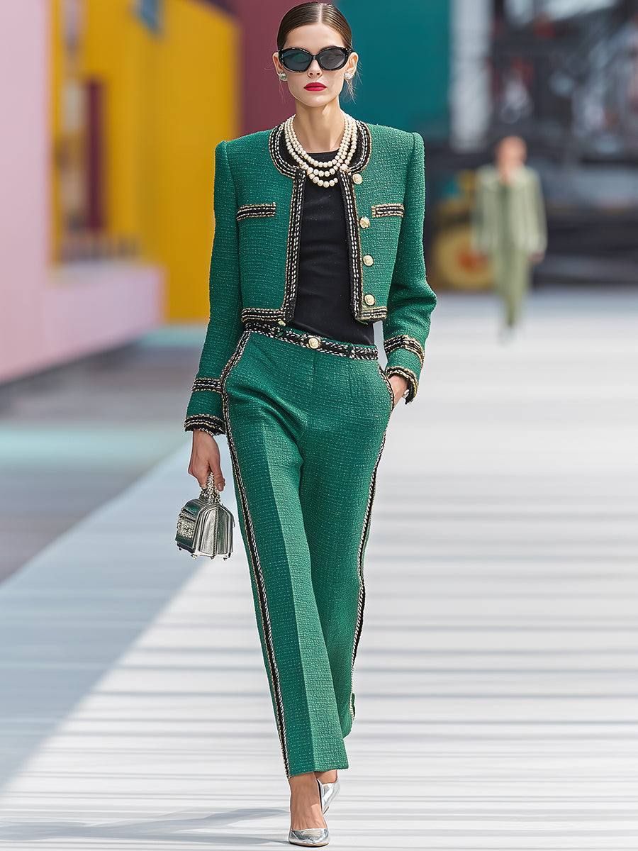 Elegant And Exquisite Green Tweed Short Jacket And Trousers Set