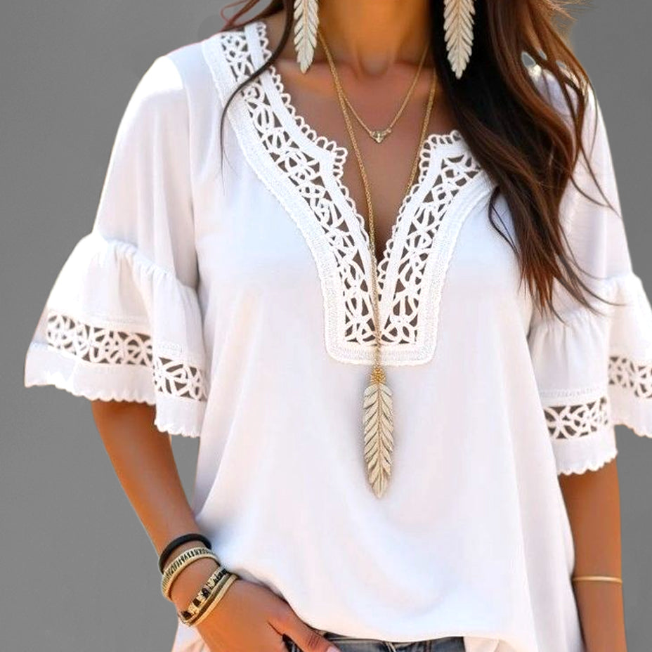 Everyday Lace Trim V Neck Flare Sleeve Blouse
