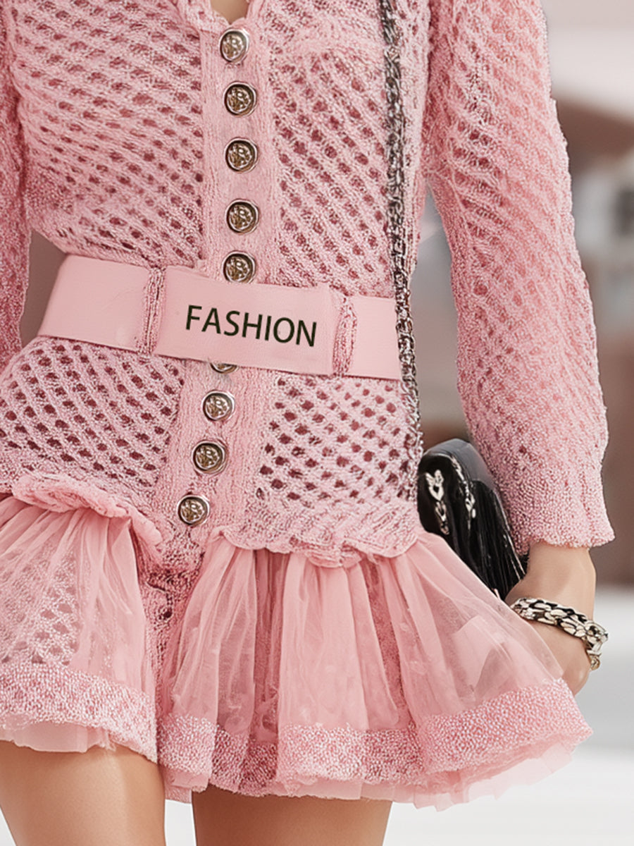 Elegant And Fashionable Button-decorated Pink Hollow Knitted Long-sleeved Mini Dress