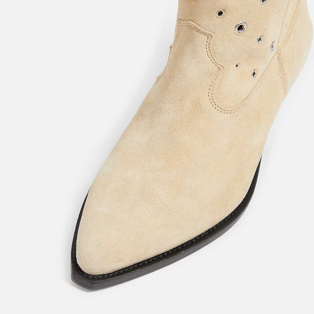 Beige Faux Suede Pointed Toe Chunky Heel Wide-Calf Cowgirl Boots