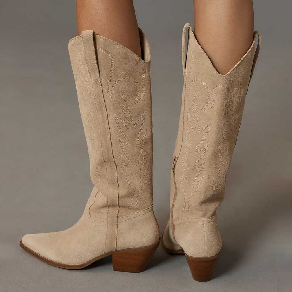Beige Snip Toe Embroidered Knee-High Cowgirl Boots with Zipper