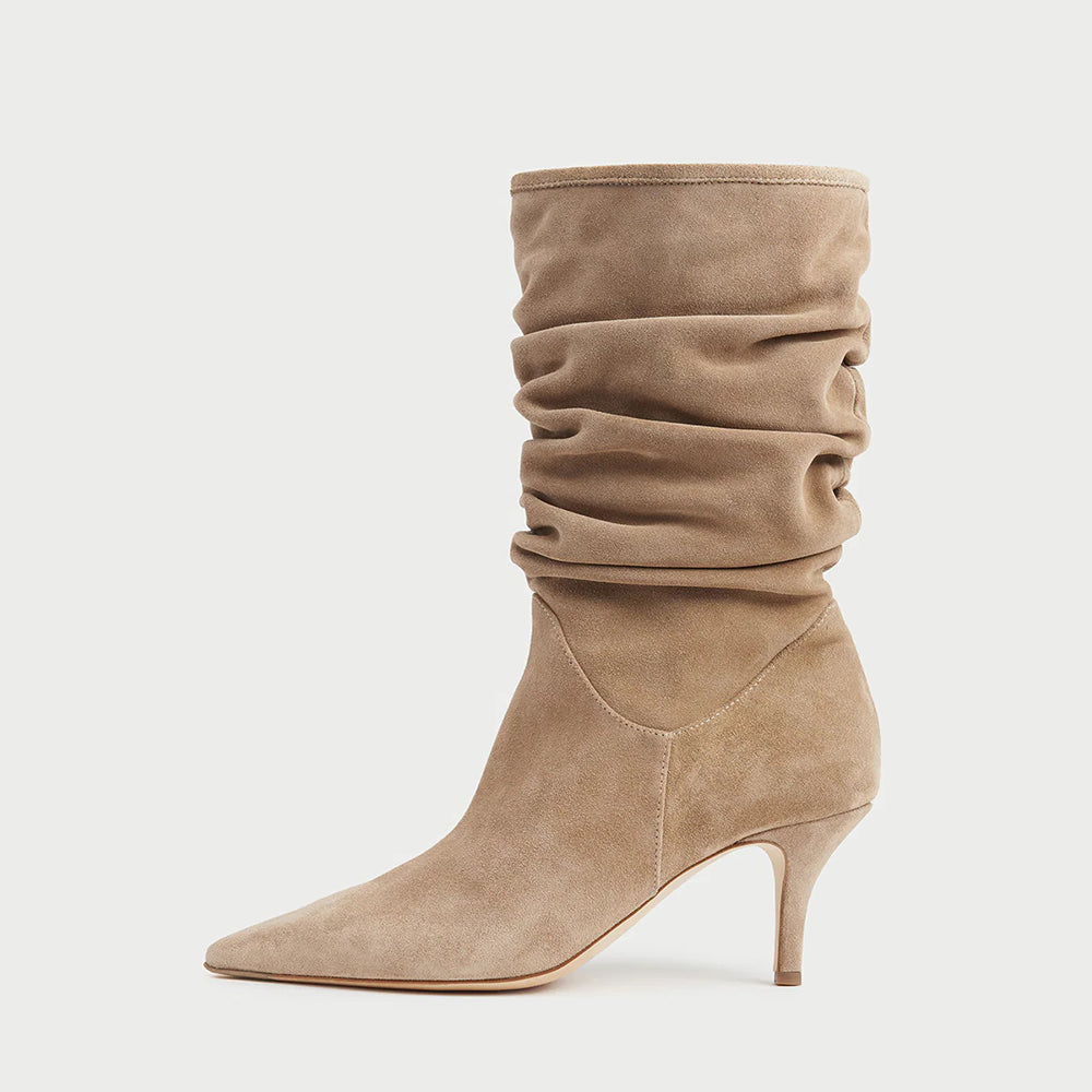 Beige Faux Suede Closed Toe Stiletto Heel Mid-Calf Slouch Boots