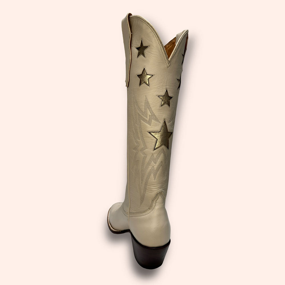 Beige Stars Embroidered Round Toe Chunky Heel Knee-High Cowgirl Boots