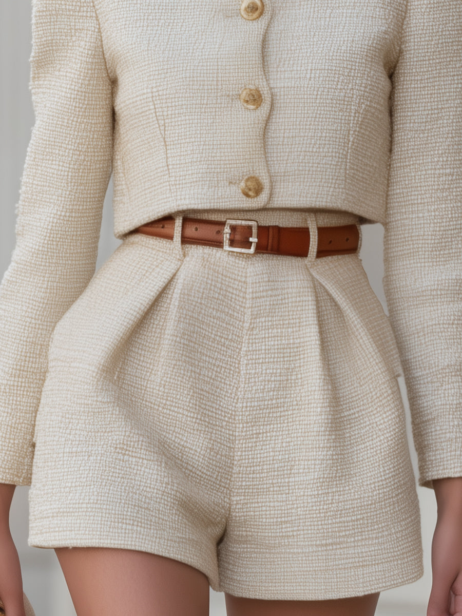 Elegant Textured Cream Two-Piece Set With High-Waisted Shorts
