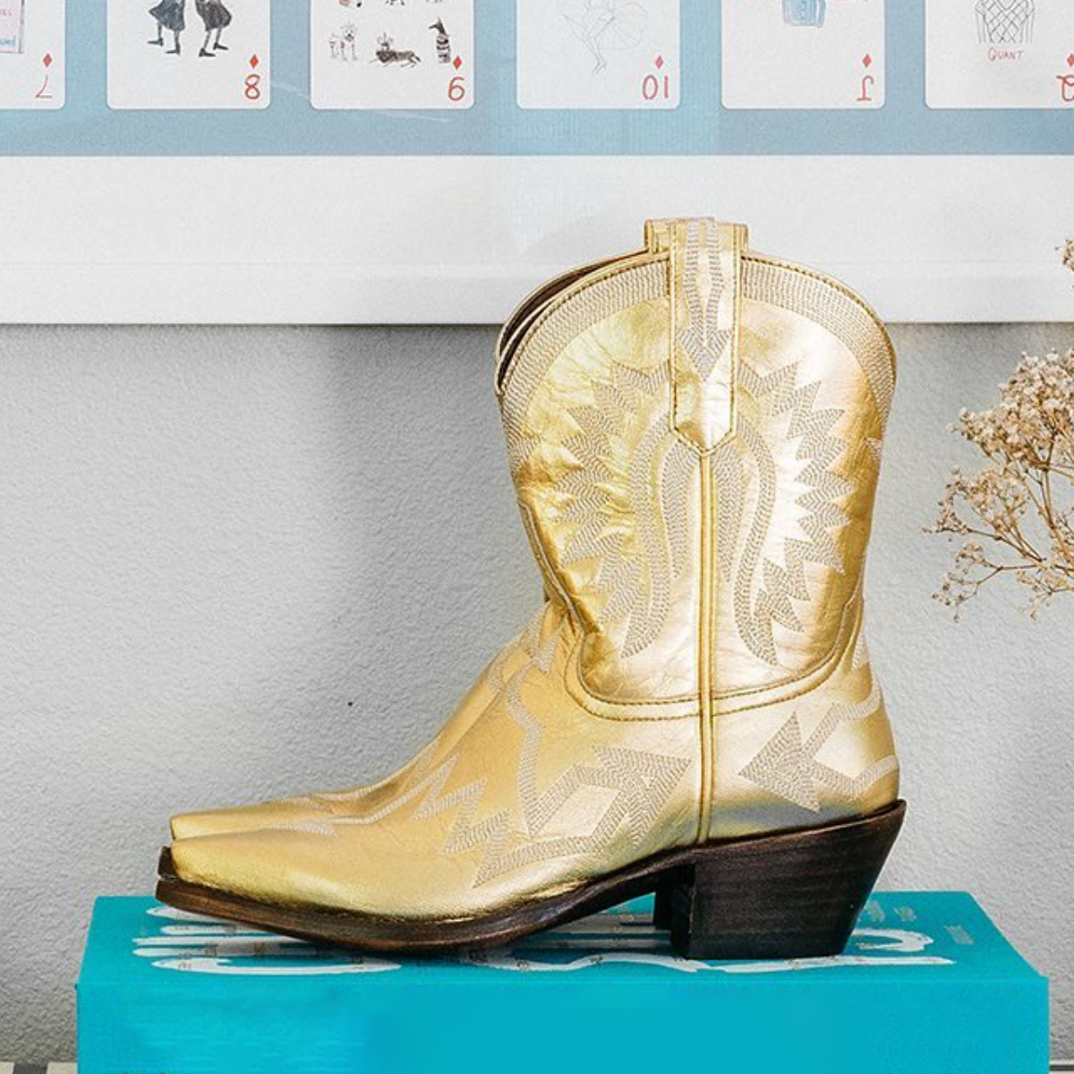 Gold Metallic Snip Toe Embroidered Ankle Length Cowgirl Boots
