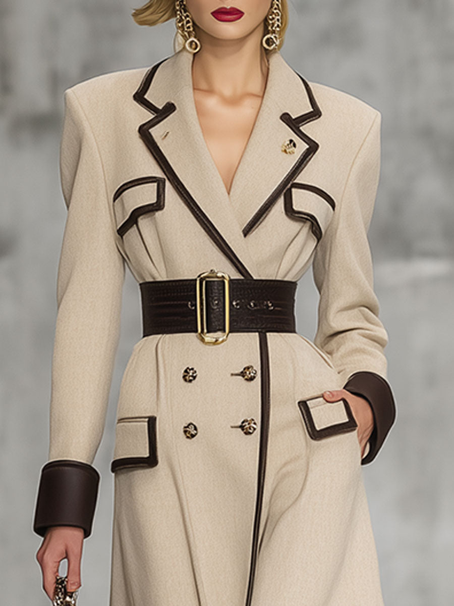 Elegant Urban Light Khaki Double-Breasted Mid-Length Coat