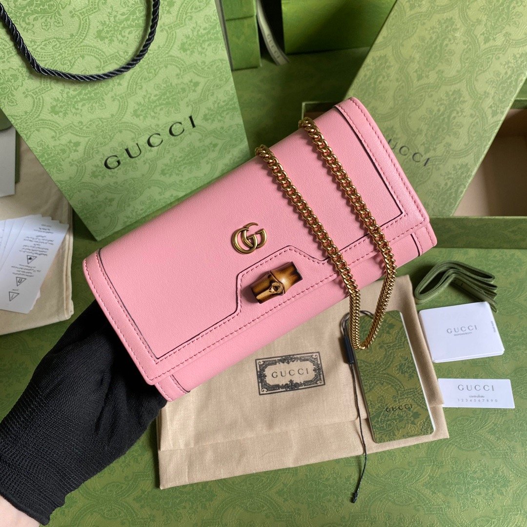 gg Diana Chain Wallet With Bamboo Pink For Women, Women’s Bags 7.4in/19cm gg