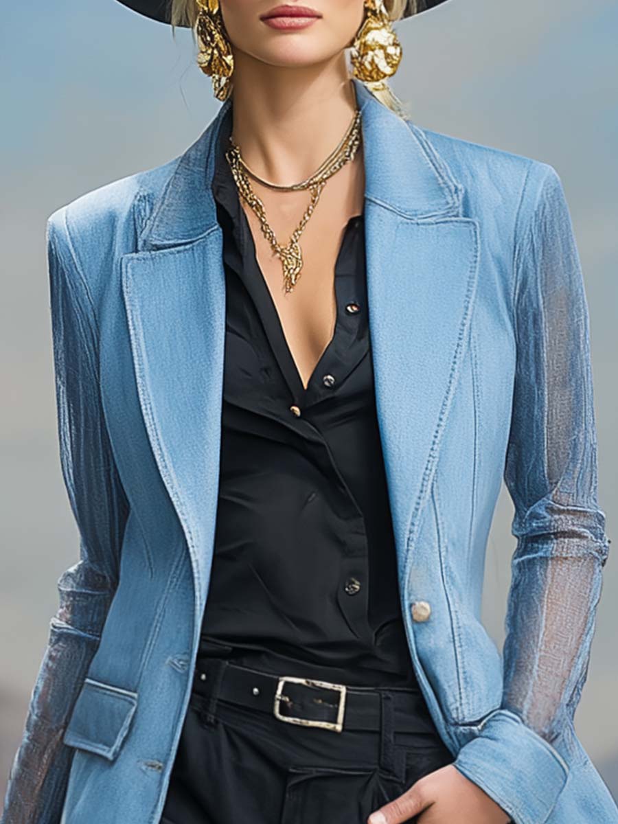Exquisite Casual Notch Lapel Organza Long Sleeve Light Blue Denim X-type Blazer