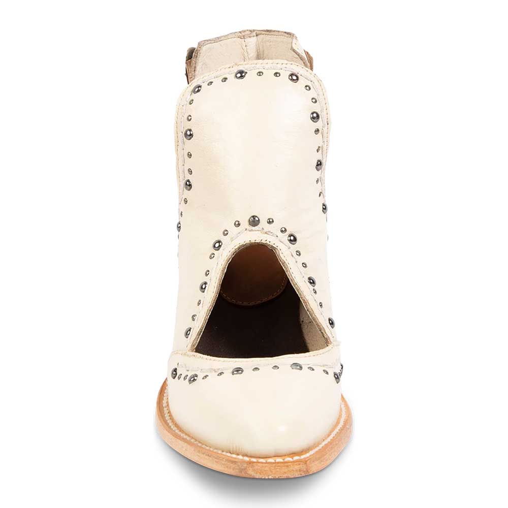 Beige Closed Toe Studded Hollow-Out Block Heel Side V Cut Ankle Boots