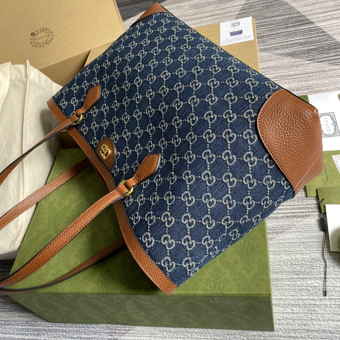 gg Ophidia gg Medium Tote Dark Blue And Ivory Eco Washed Organic gg Jacquard Denim For Women 15in/38cm gg 631685 2KQgg 8375
