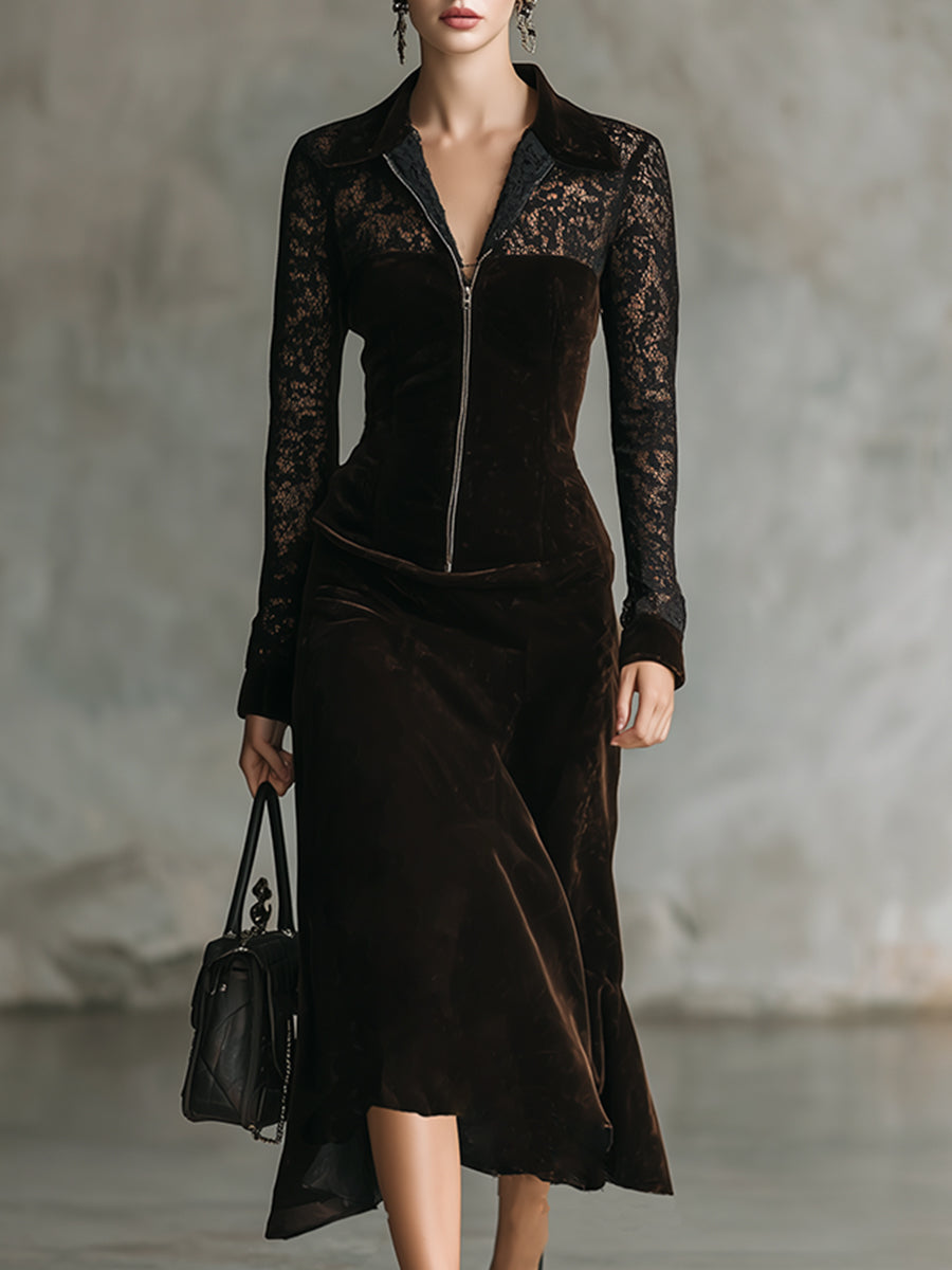 Elegant Retro Dark Brown Velvet Stitching Lace Long-sleeved Maxi Dress