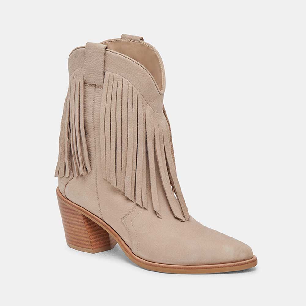 Beige Pointed Toe Fringe Ankle Length Cowgirl Boots with Chunky Heel