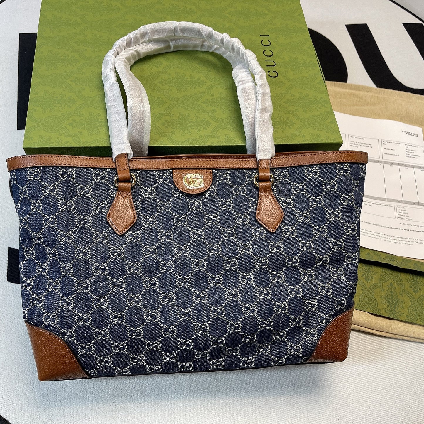 gg Ophidia gg Medium Tote Dark Blue And Ivory Eco Washed Organic gg Jacquard Denim For Women 15in/38cm gg 631685 2KQgg 8375